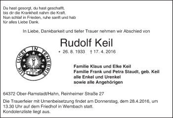 Traueranzeige von Rudolf Keil von trauer.echo-online.de