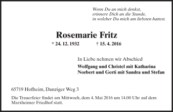 Traueranzeige von Rosemarie Fritz von  Hofheimer Zeitung