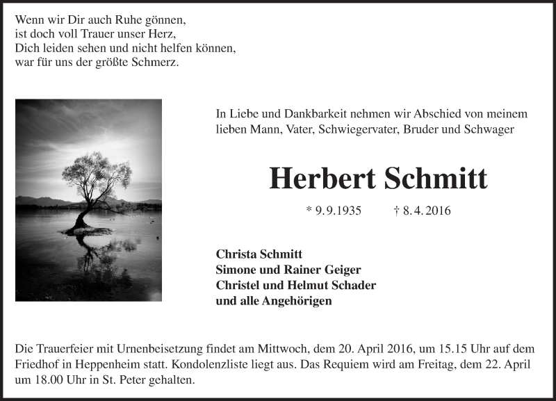  Traueranzeige für Herbert Schmitt vom 15.04.2016 aus trauer.echo-online.de