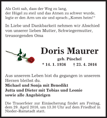 Traueranzeige von Doris Maurer von trauer.echo-online.de