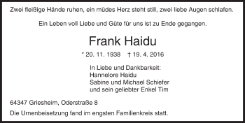 Traueranzeige von Frank Haidu von Trauerportal Echo Online