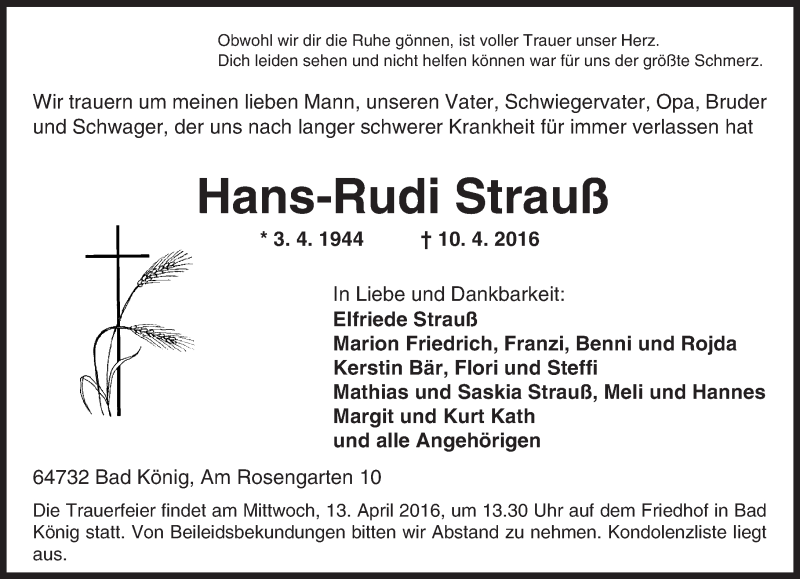  Traueranzeige für Hans-Rudi Strauß vom 12.04.2016 aus trauer.echo-online.de