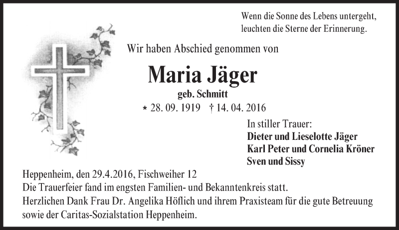  Traueranzeige für Maria Jäger vom 29.04.2016 aus Trauerportal Echo Online