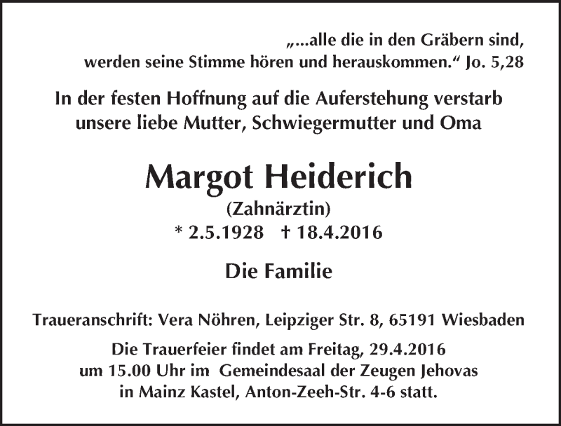  Traueranzeige für Margot Heiderich vom 27.04.2016 aus  Wiesbaden komplett