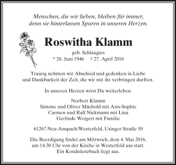 Traueranzeige von Roswitha Klamm von  Usinger Anzeiger