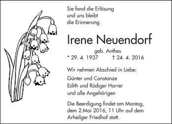 Traueranzeige von Irene Neuendorf von Trauerportal Echo Online