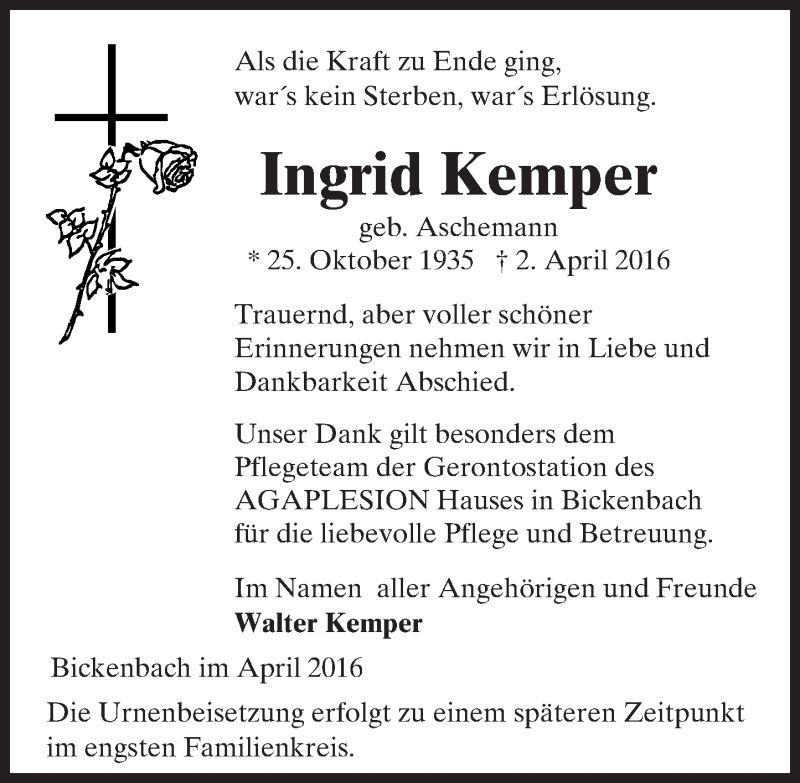  Traueranzeige für Ingrid Kemper vom 16.04.2016 aus trauer.echo-online.de