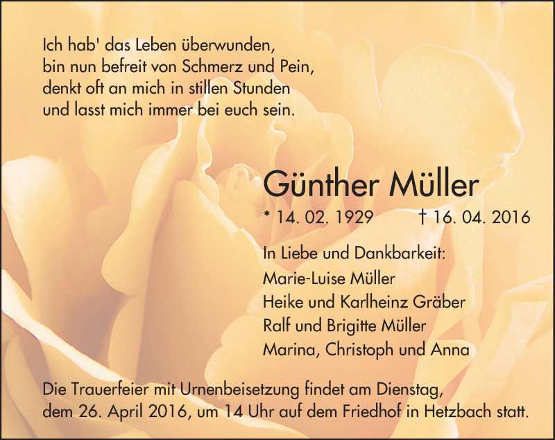  Traueranzeige für Günther Müller vom 21.04.2016 aus trauer.echo-online.de