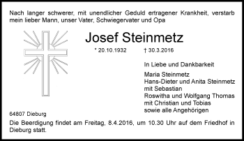 Traueranzeige von Josef Steinmetz von trauer.echo-online.de