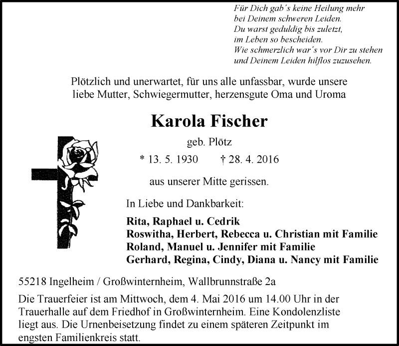  Traueranzeige für Karola Fischer vom 30.04.2016 aus  Allgemeine  Zeitung Ingelheim-Bingen