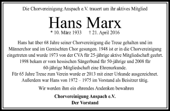 Traueranzeige von Hans Marx von  Usinger Anzeiger