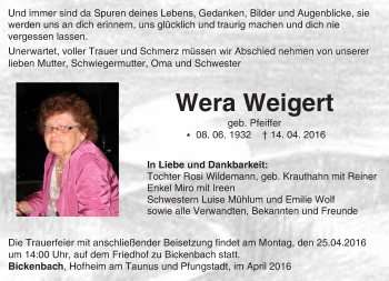 Traueranzeige von Wera Weigert von trauer.echo-online.de