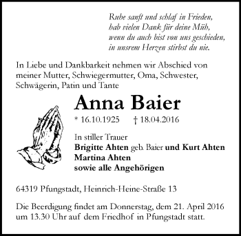 Traueranzeige von Anna Baier von trauer.echo-online.de