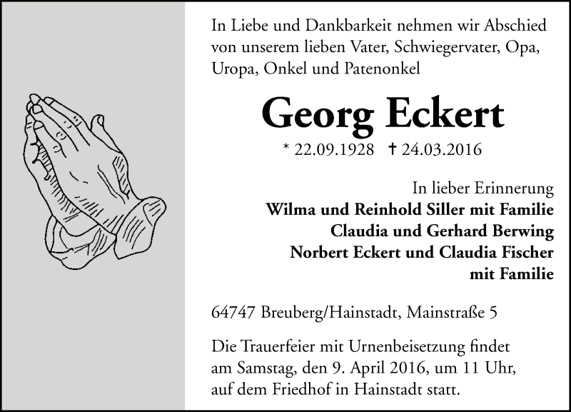  Traueranzeige für Georg Eckert vom 06.04.2016 aus trauer.echo-online.de