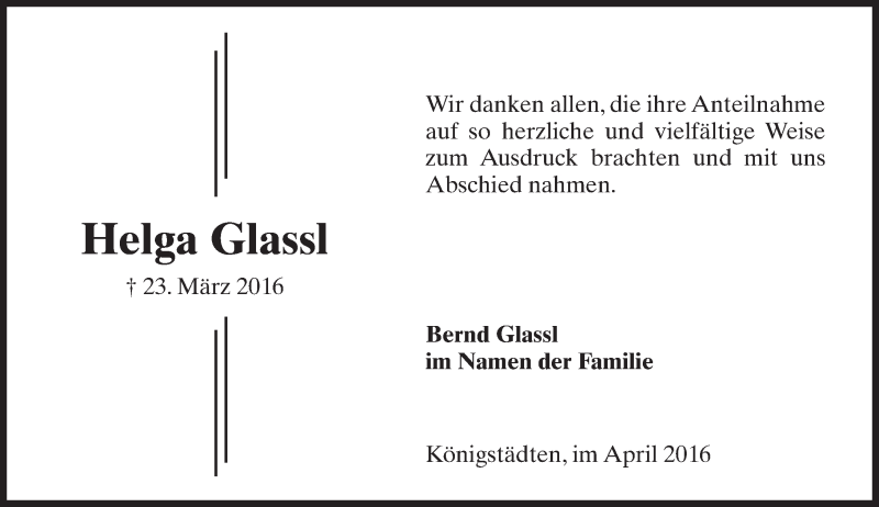  Traueranzeige für Helga Glassl vom 16.04.2016 aus trauer.echo-online.de