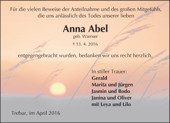Traueranzeige von Anna Abel von Trauerportal Echo Online