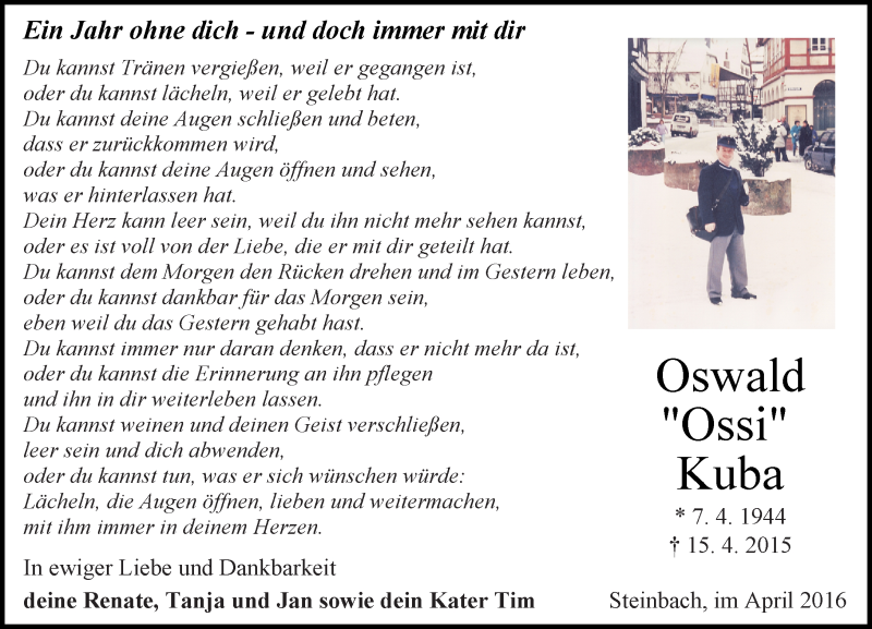  Traueranzeige für Oswald Kuba vom 15.04.2016 aus trauer.echo-online.de