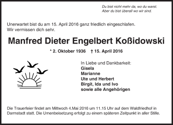 Traueranzeige von Manfred Dieter Engelbert Koßidowski von Trauerportal Echo Online