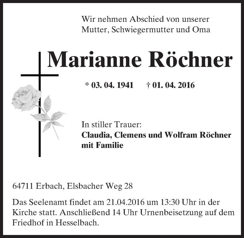  Traueranzeige für Marianne Röchner vom 18.04.2016 aus trauer.echo-online.de
