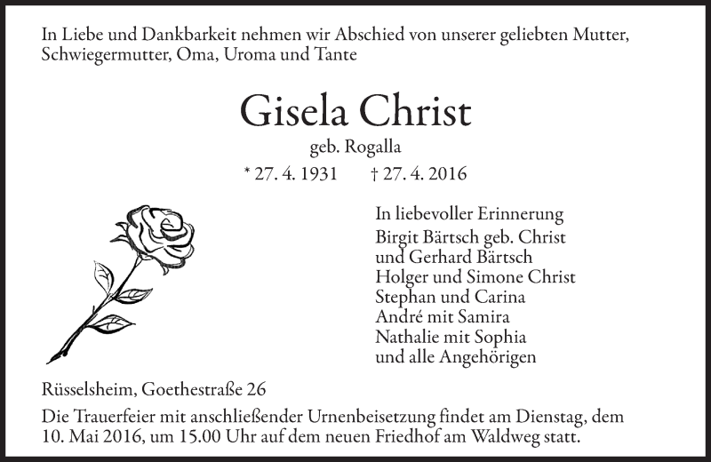  Traueranzeige für Gisela Christ vom 30.04.2016 aus  Mainspitze
