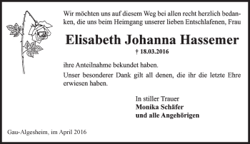 Traueranzeige von Elisabeth Johanna Hassemer von  Allgemeine  Zeitung Ingelheim-Bingen