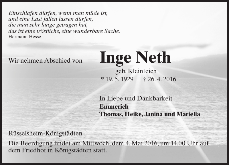  Traueranzeige für Inge Neth vom 30.04.2016 aus Trauerportal Echo Online