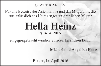 Traueranzeige von Hella Heinz von  Allgemeine  Zeitung Ingelheim-Bingen