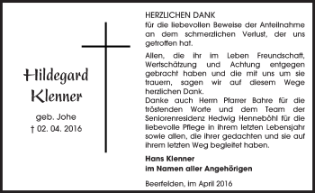 Traueranzeige von Hildegard Klenner von Trauerportal Echo Online