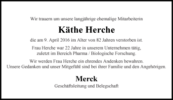 Traueranzeige von Käthe Herche von Trauerportal Echo Online