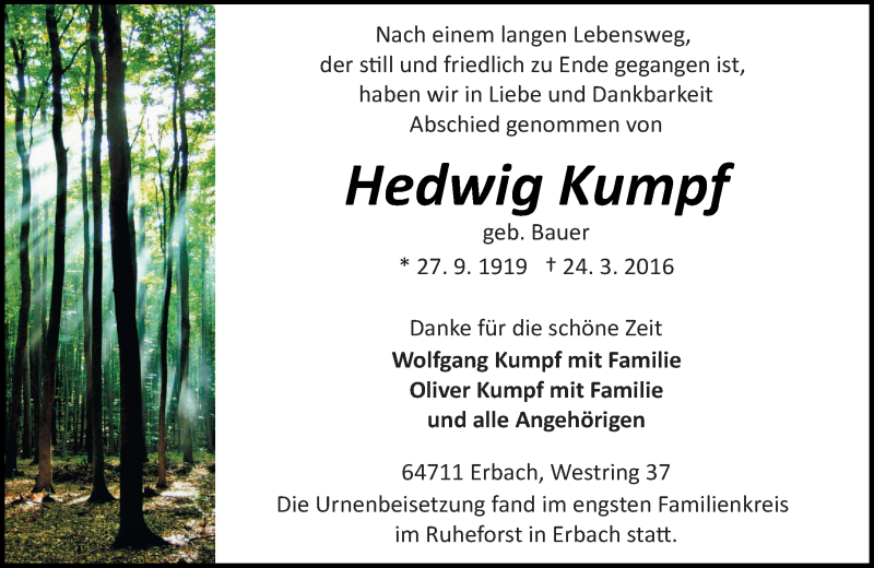  Traueranzeige für Hedwig Kumpf vom 20.04.2016 aus trauer.echo-online.de