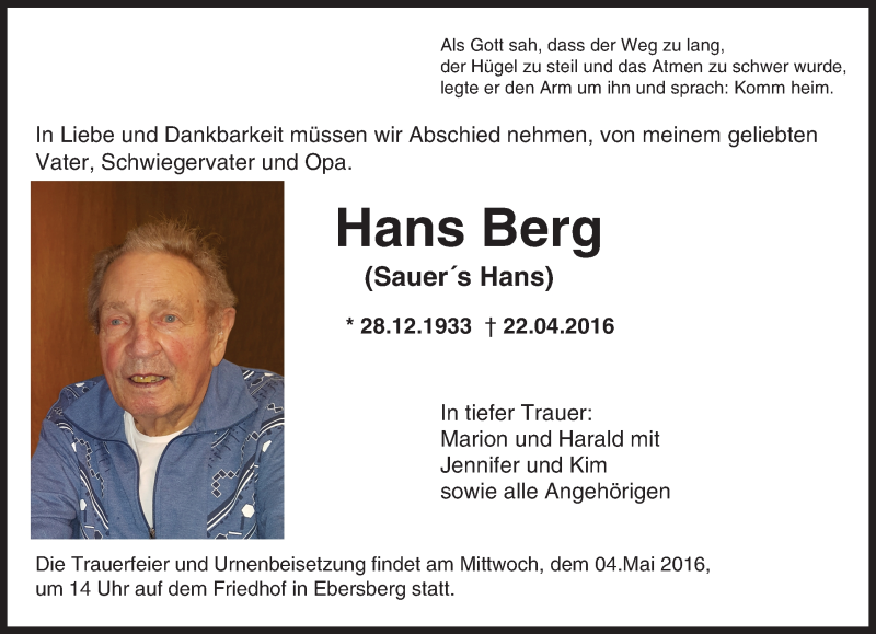  Traueranzeige für Hans Berg vom 29.04.2016 aus Trauerportal Echo Online