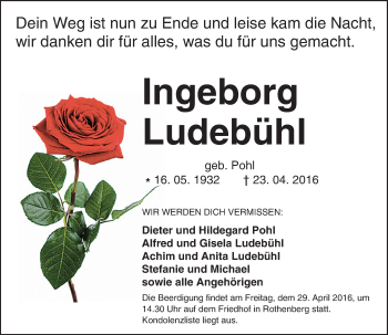 Traueranzeige von Ingeborg Ludebühl von Trauerportal Echo Online