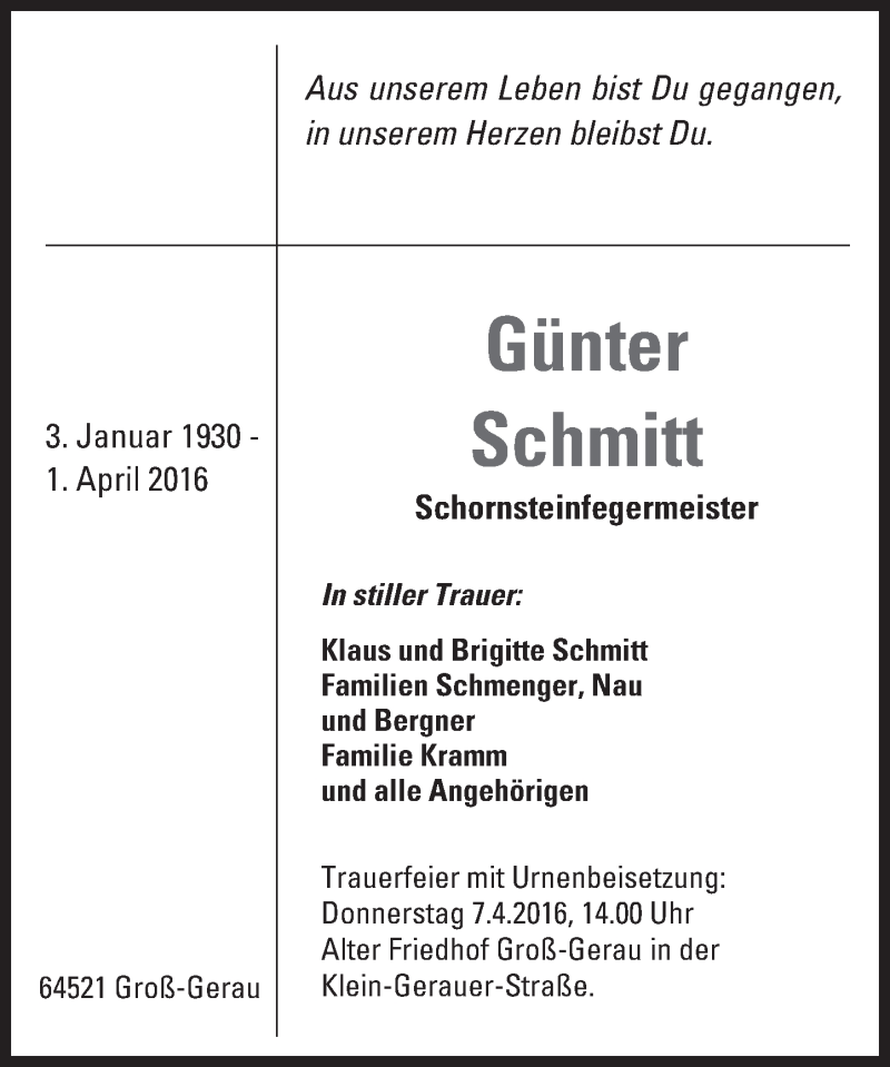  Traueranzeige für Günter Schmitt vom 06.04.2016 aus trauer.echo-online.de