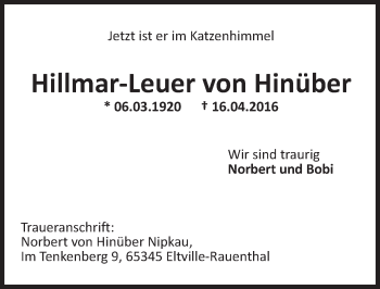 Traueranzeige von Hillmar-Leuer von Hinüber von  Wiesbaden komplett