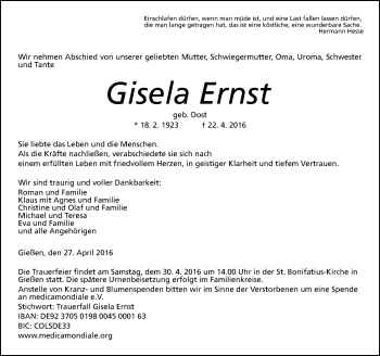 Traueranzeige von Gisela Ernst von  Gießener Anzeiger
