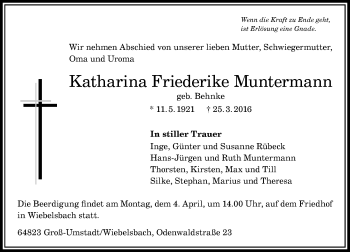 Traueranzeige von Katharina Friederike Muntermann von trauer.echo-online.de