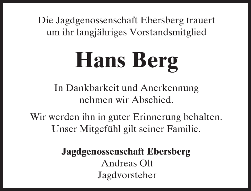  Traueranzeige für Hans Berg vom 30.04.2016 aus Trauerportal Echo Online