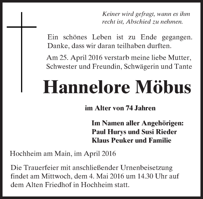  Traueranzeige für Hannelore Möbus vom 29.04.2016 aus  Hochheimer Zeitung