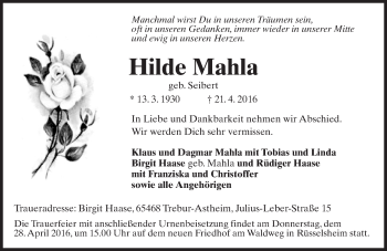 Traueranzeige von Hilde Mahla von  Mainspitze