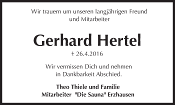 Traueranzeige von Gerhard Hertel von Trauerportal Echo Online