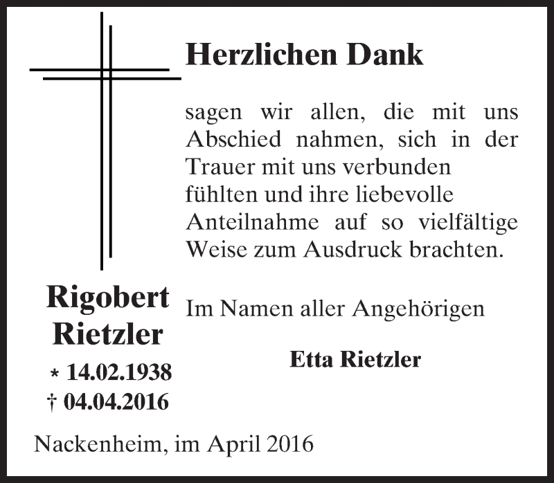  Traueranzeige für Rigobert Rietzler vom 30.04.2016 aus  Allgemeine Zeitung Mainz