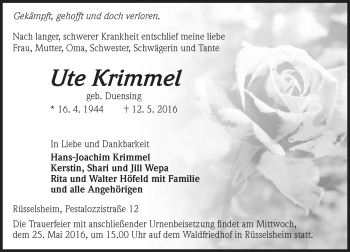 Traueranzeige von Ute Krimmel von  Mainspitze