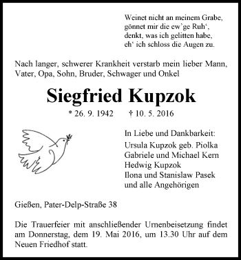 Traueranzeige von Siegfried Kupzok von  Gießener Anzeiger