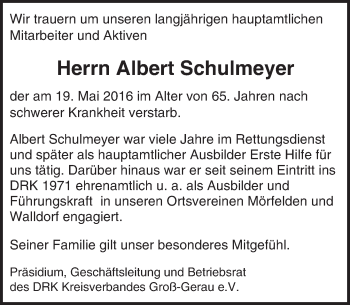 Traueranzeige von Albert Schulmeyer von Trauerportal Echo Online