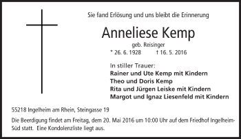 Traueranzeige von Anneliese Kemp von  Allgemeine  Zeitung Ingelheim-Bingen