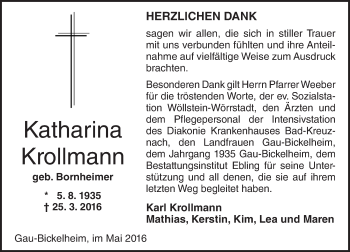Traueranzeige von Katharina Krollmann von  Allgemeine Zeitung Alzey