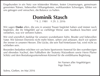 Traueranzeige von Dominik Stasch von  Gießener Anzeiger