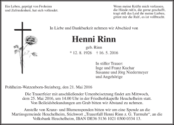 Traueranzeige von Henni Rinn von  Gießener Anzeiger