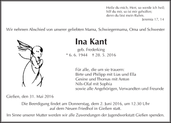 Traueranzeige von Ina Kant von  Gießener Anzeiger