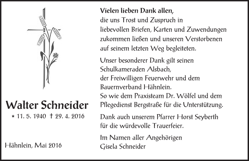  Traueranzeige für Walter Schneider vom 28.05.2016 aus Trauerportal Echo Online